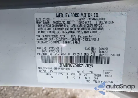 2008 Ford Fusion Se z USA, uszkodzony, nr VIN 3FAHP07Z58R217029